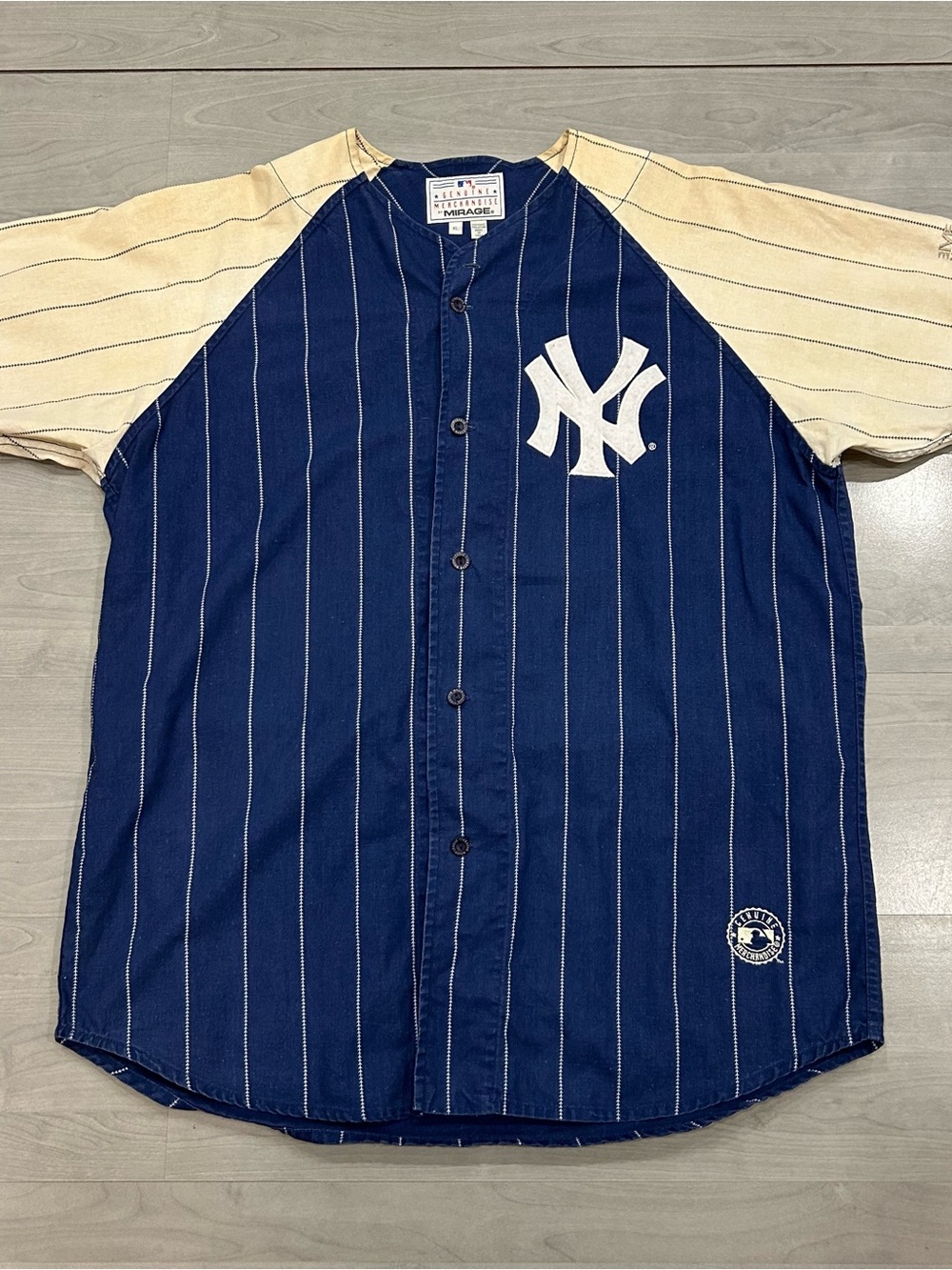 Vintage 90s New York Yankees Mirage Pinstripe Button Front Jersey Shirt Size XL